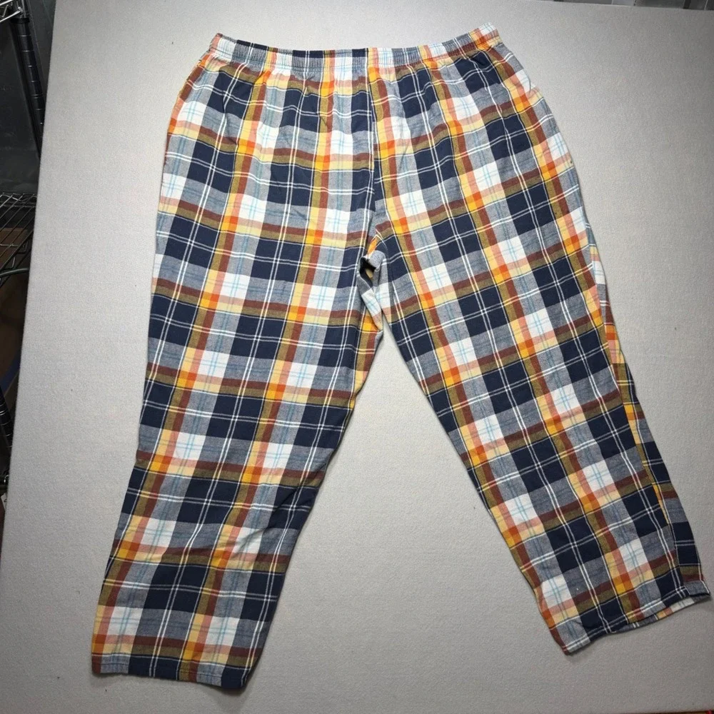 St Johns Bay Mens 2XL Pajama Pants Blue Orange Plaid Flannel Cotton Sleepwear